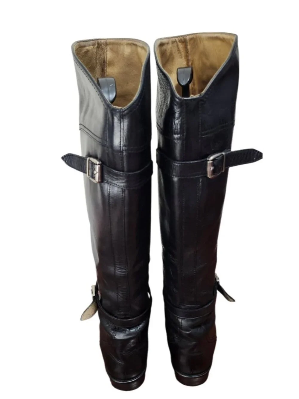 FRYE Black Leather Tall Riding Boots Size 8 Made in Spain Goodyear Welt Buckle